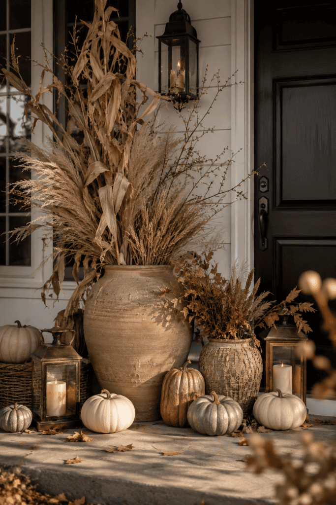 Elegant fall porch decorated with dried cornstalks, pampas grass, wheat bundles, and neutral pumpkins.