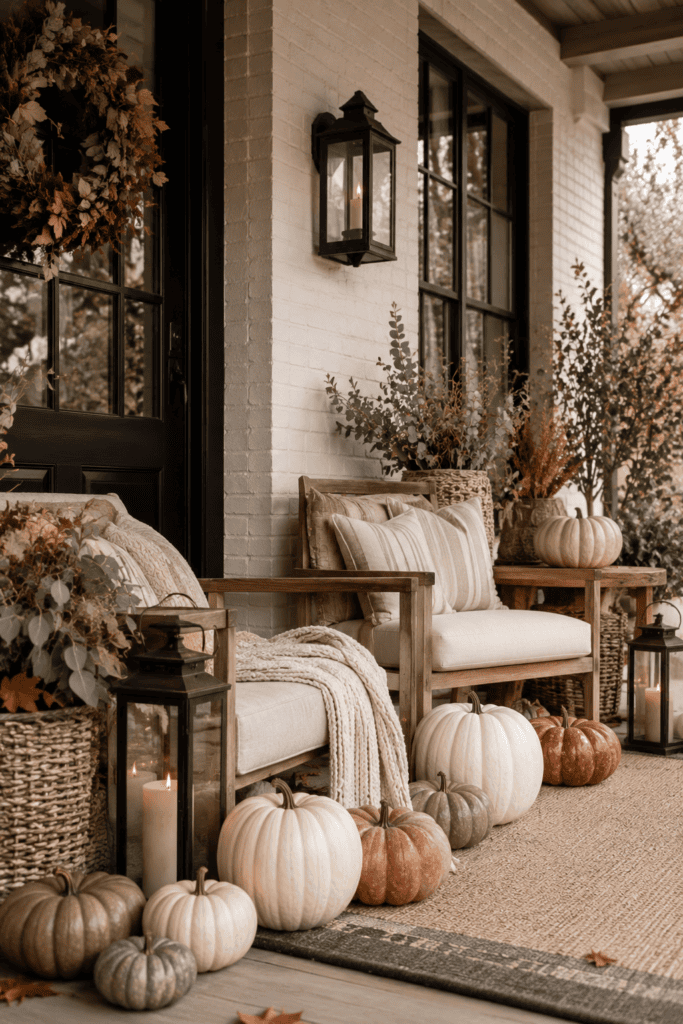 Neutral fall porch decor featuring cream pumpkins, natural wood furniture, lanterns, and layered autumn textures.