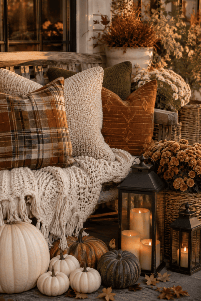Cozy fall porch seating styled with knit blankets, plaid pillows, pumpkins, and warm seasonal textures.