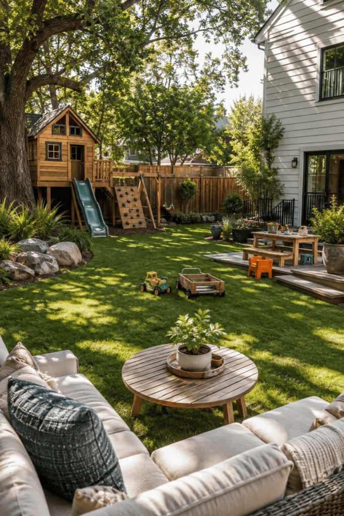 Beautiful American backyard designed for kids with a play area, outdoor seating, and family-friendly landscaping