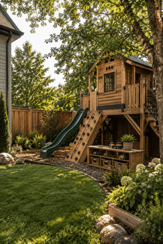 Modern backyard play zone with a wooden kids play structure and organized outdoor space