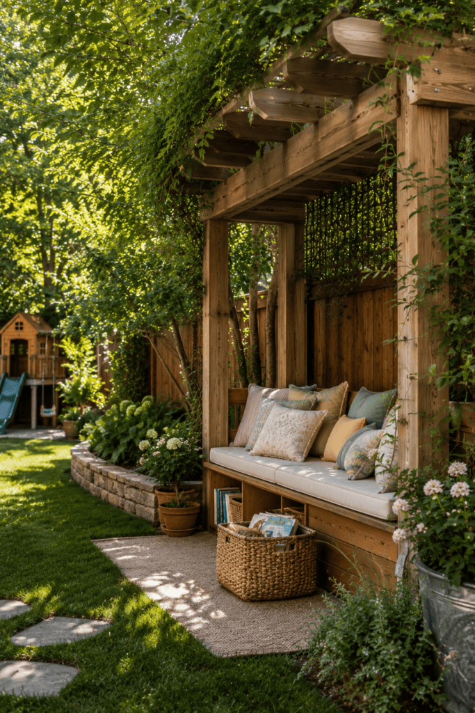 Cozy outdoor kids reading corner with cushions, books, and a pergola in a backyard garden