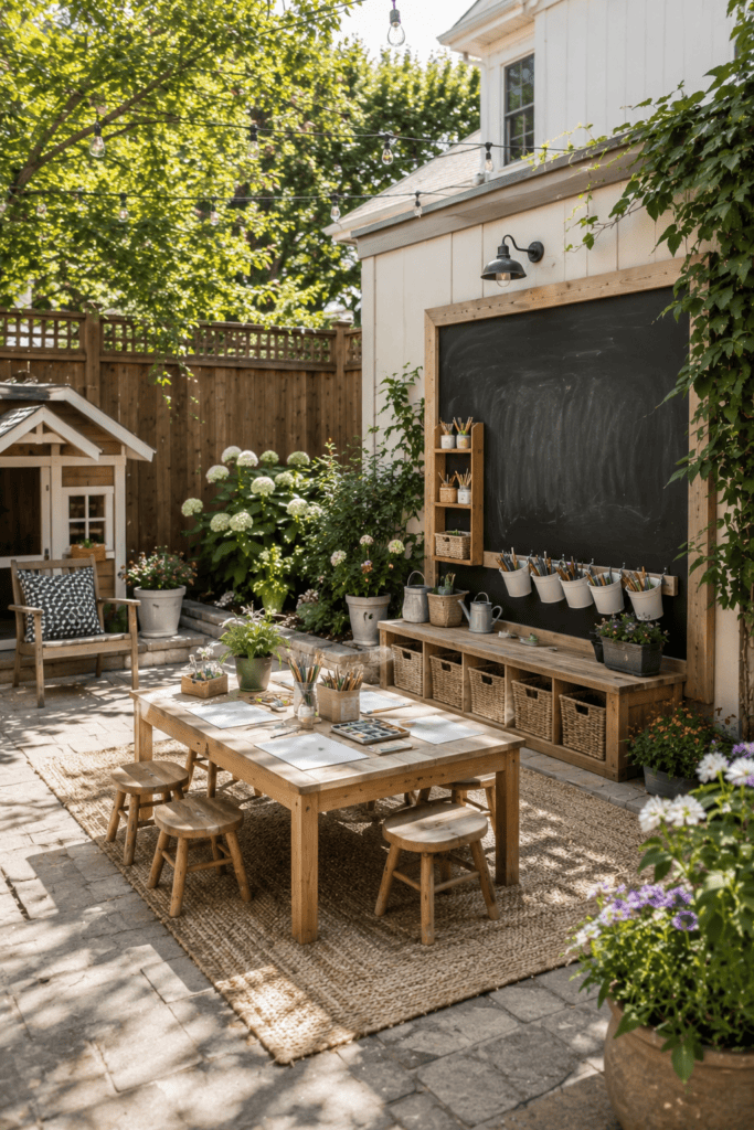 Outdoor kids art station with a craft table and chalkboard wall in a backyard setting