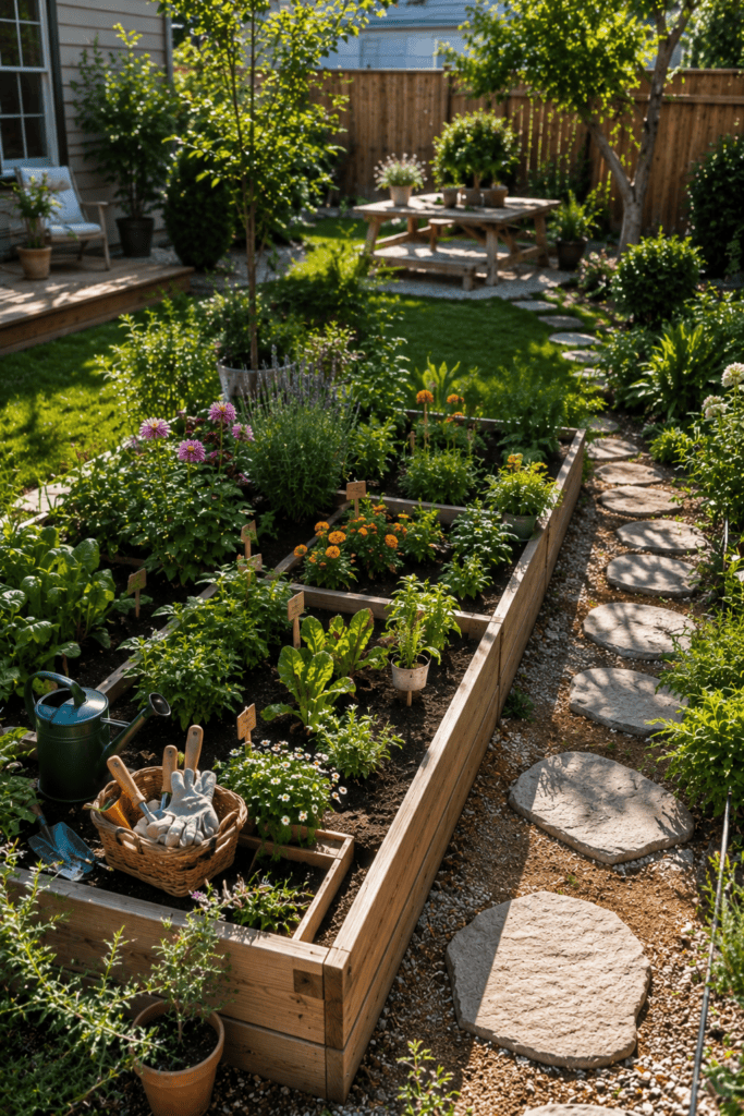 Kids backyard garden with raised planting beds, flowers, vegetables, and a child-friendly outdoor space