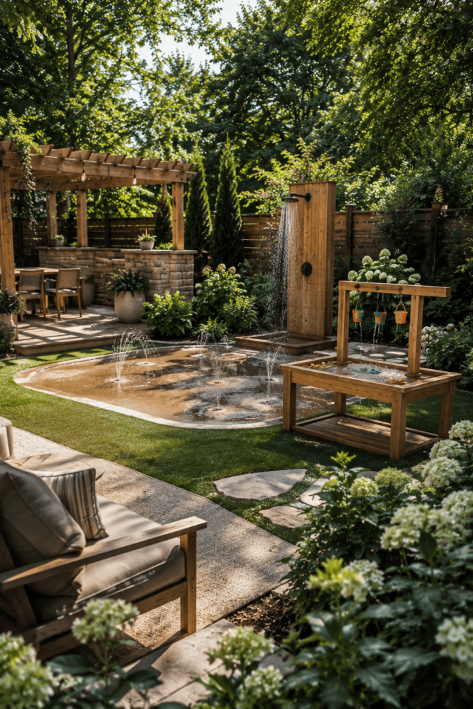 Modern backyard water play area for kids with a splash pad and outdoor family seating