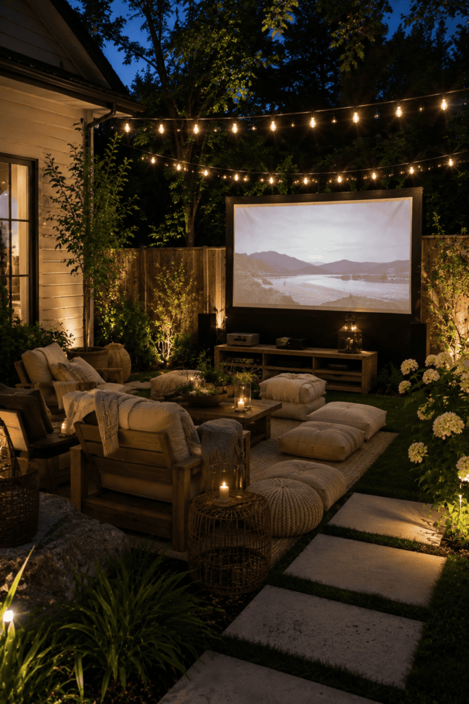 Cozy backyard outdoor movie setup with projector screen, lounge seating, and string lights