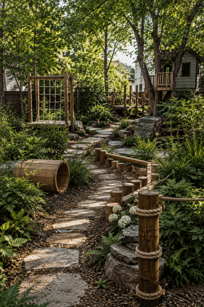 Backyard adventure area for kids with obstacle course elements, stepping stones, and natural play features