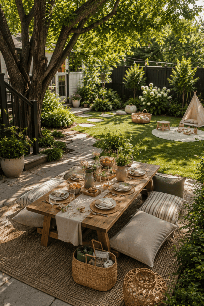 Kid-friendly backyard picnic area with a wooden table, cushions, and garden surroundings