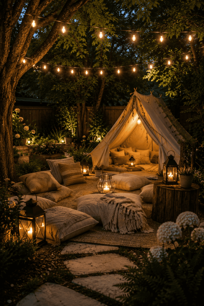 Cozy backyard camping corner for kids with a tent, outdoor rugs, cushions, and string lights