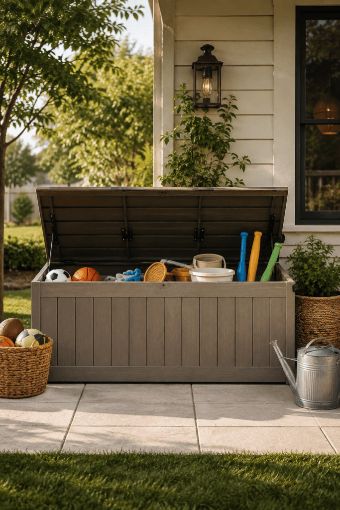 Organized backyard toy storage area with outdoor bins, storage bench, and kids play equipment