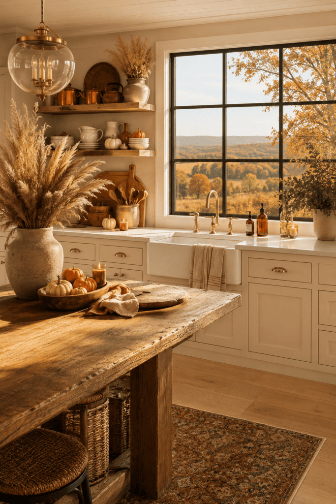 Warm American farmhouse kitchen decorated with pumpkins, dried wheat, and cozy fall accents.