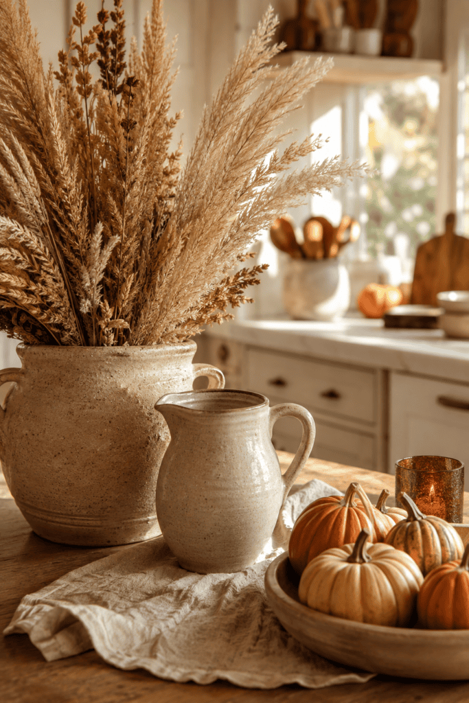 Large ceramic vase filled with pampas grass and dried wheat decorating a cozy fall kitchen.