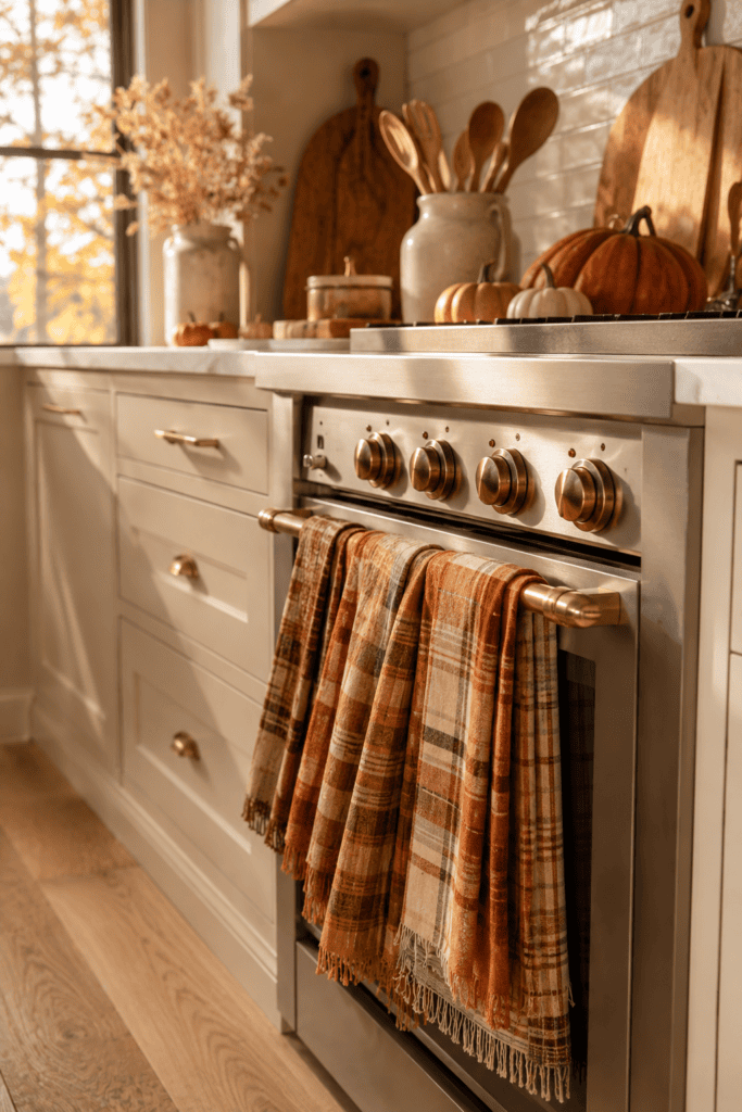 Plaid fall kitchen towels in warm autumn colors hanging from a farmhouse oven.