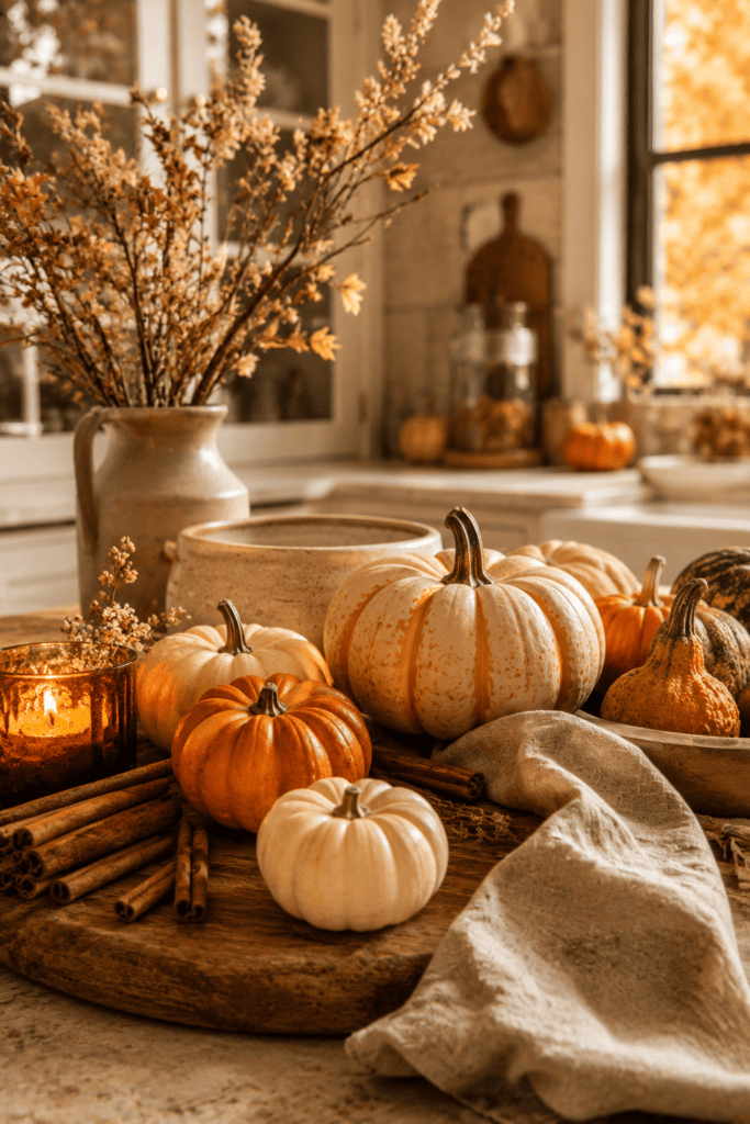 Mini pumpkin arrangement with candles and autumn decor styled on a farmhouse kitchen counter.
