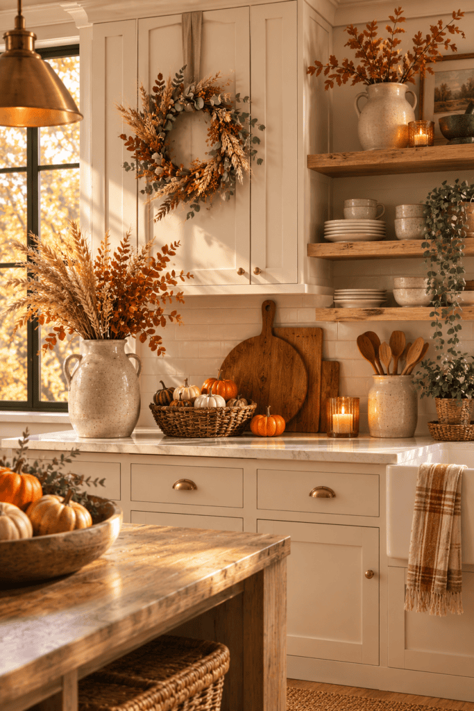 Small dried wreath hanging on a farmhouse kitchen cabinet for fall decoration.