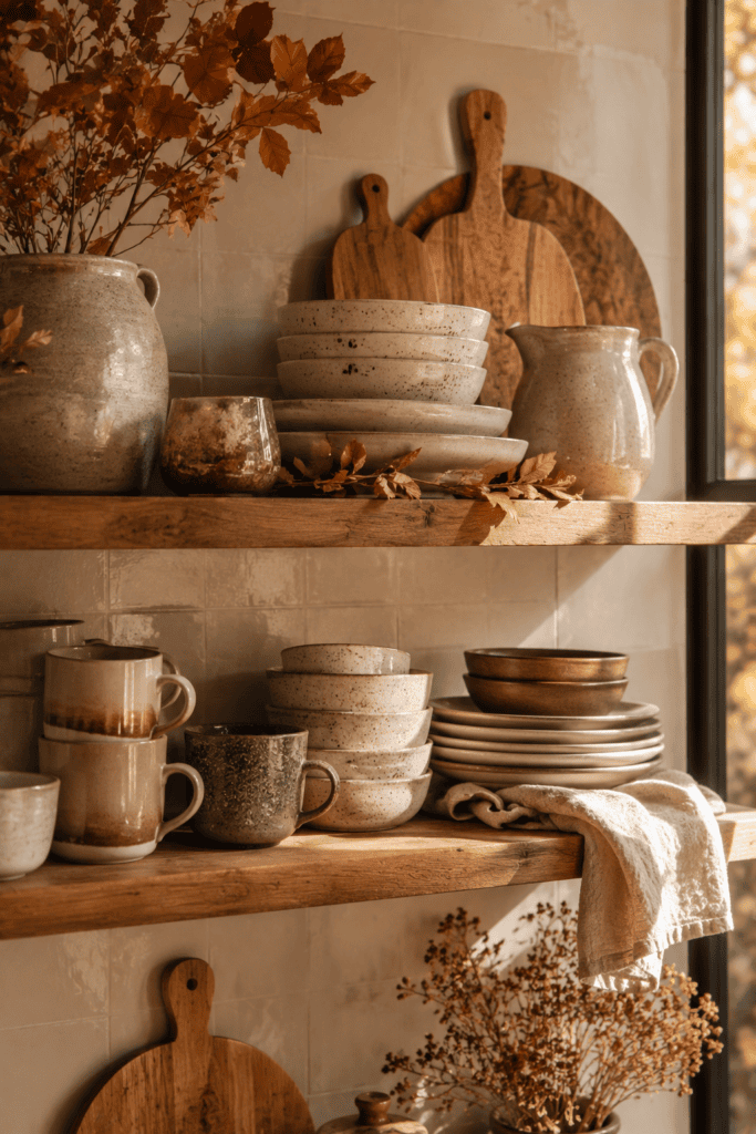 Open kitchen shelves styled with stoneware mugs and earthy ceramic decor for fall.
