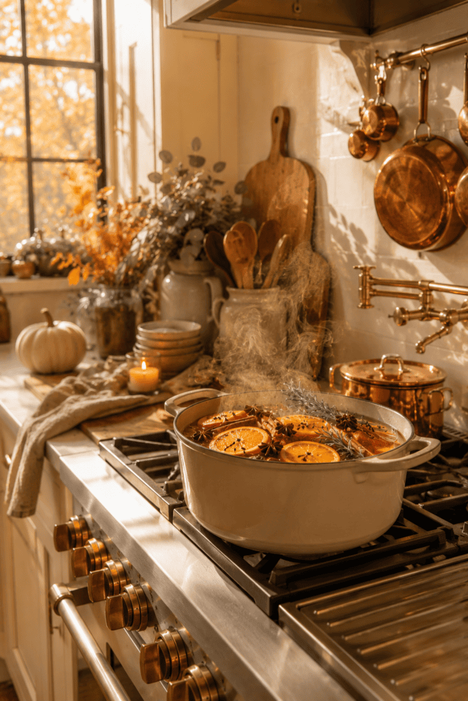 Simmer pot with oranges, cinnamon sticks, and herbs creating a cozy fall kitchen atmosphere.