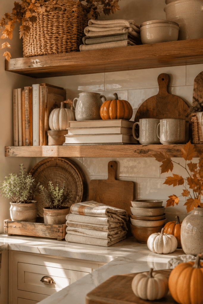 Open farmhouse kitchen shelves styled with seasonal cookbooks and cozy fall decor.