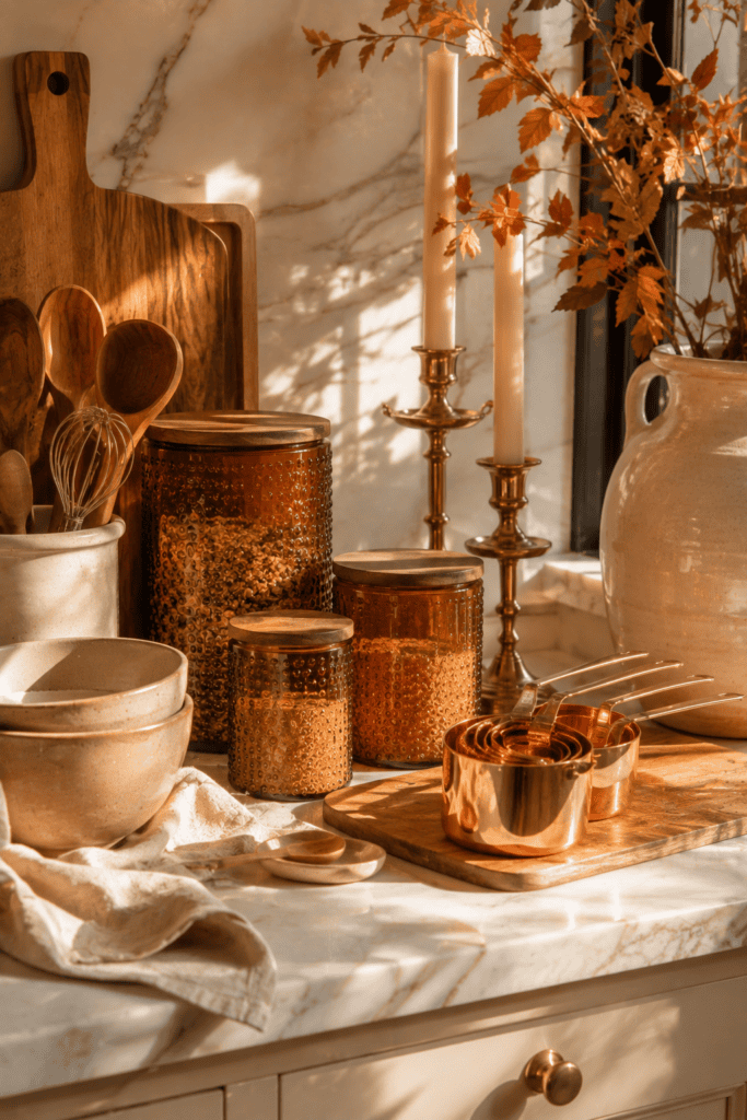 Amber glass jars, copper kitchen accessories, and brass accents decorating a warm fall kitchen.