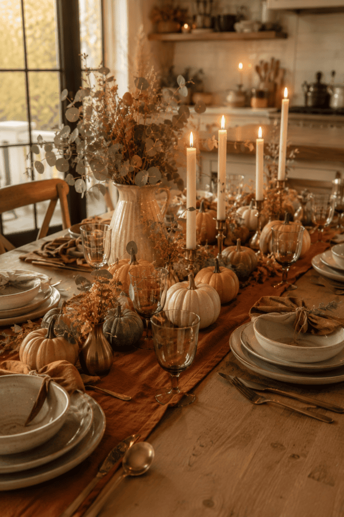 Farmhouse kitchen table decorated with a linen runner, taper candles, and elegant fall accents.