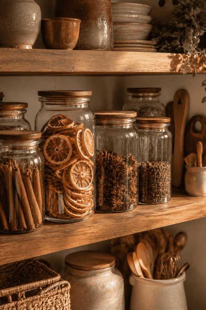 Glass kitchen jars filled with cinnamon sticks and dried orange slices for beautiful fall decor.