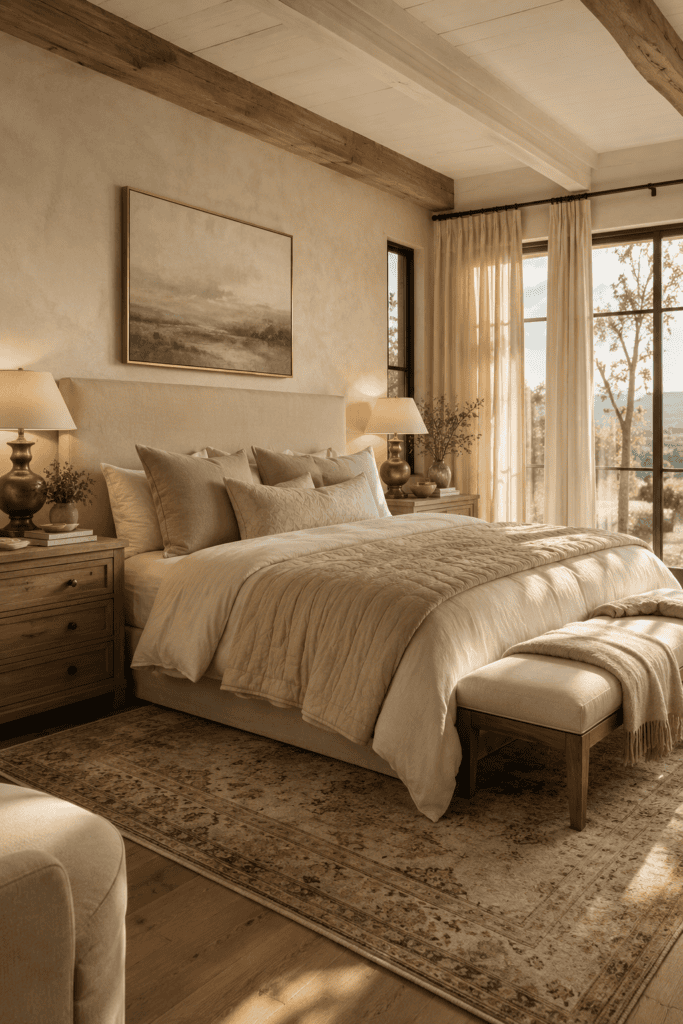 Luxury master bedroom with layered neutral bedding, warm wood furniture, and elegant modern decor.