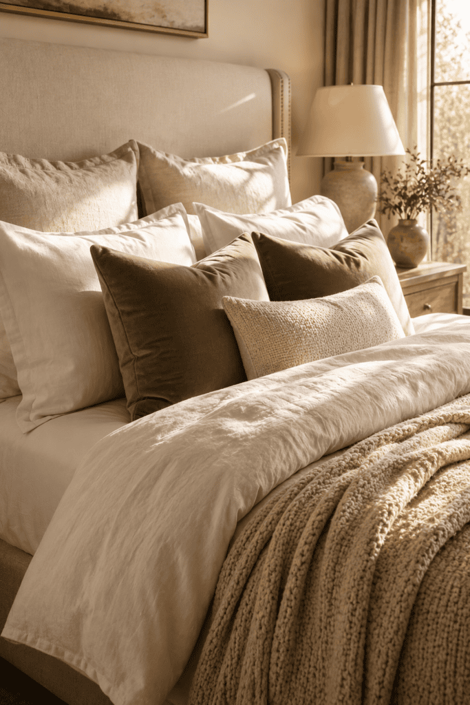 Layered neutral bedding creating a luxurious hotel-inspired master bedroom.