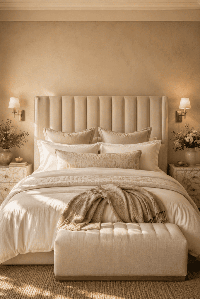 Elegant upholstered headboard creating a sophisticated master bedroom focal point.