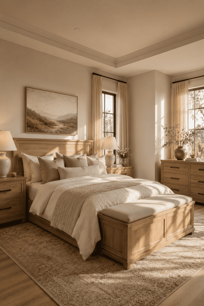 Warm wood bedroom furniture adding natural texture and timeless style.