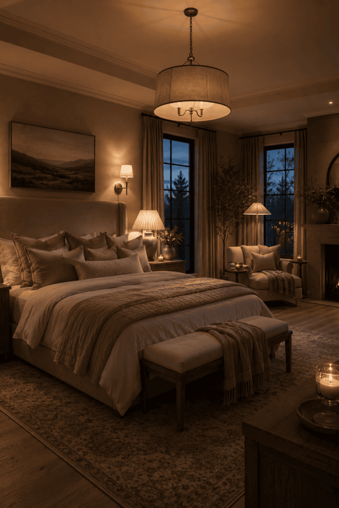 Master bedroom illuminated with warm ambient lighting and elegant bedside lamps.