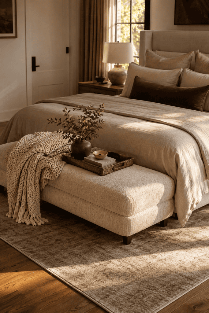 Cozy upholstered bench placed at the foot of a luxurious master bed.