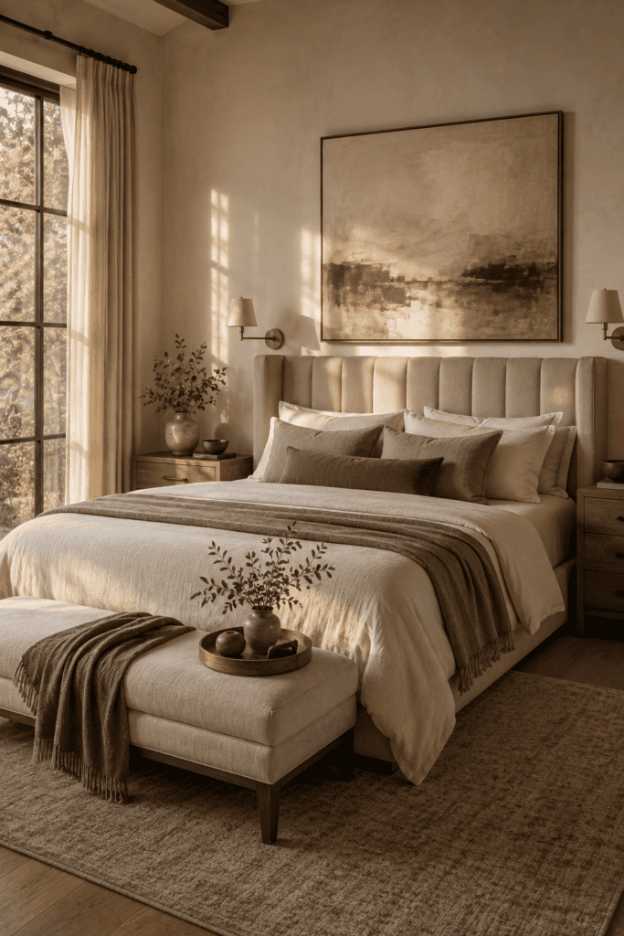 Large abstract artwork creating a sophisticated focal point above a luxurious master bed.