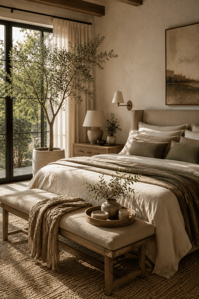 Luxury master bedroom styled with indoor greenery and natural decorative elements.
