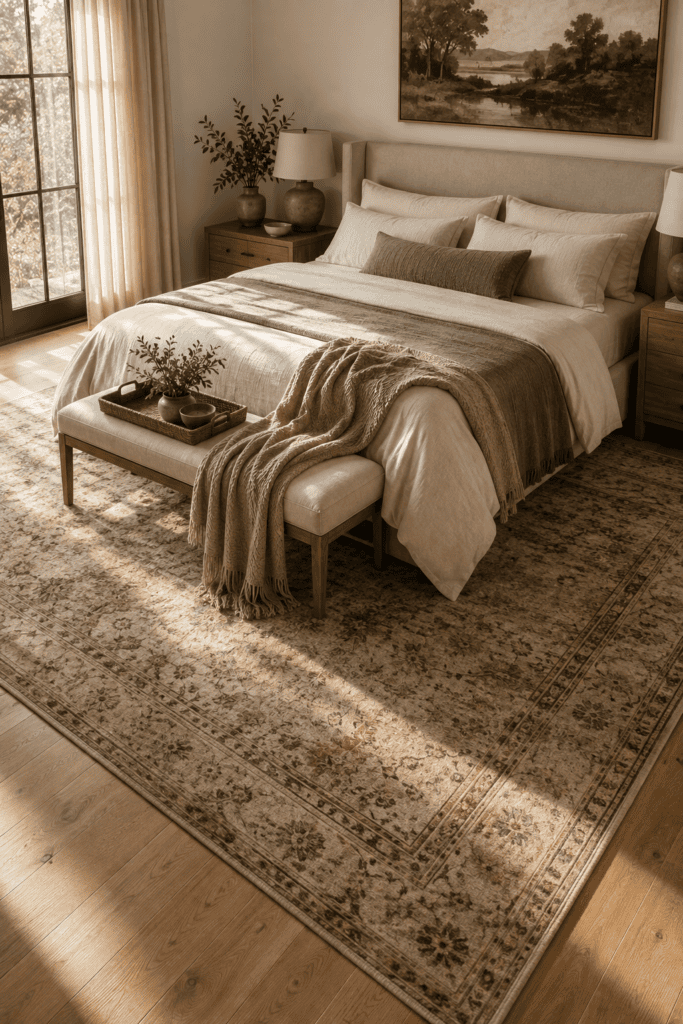 Large textured area rug adding warmth and softness to a luxury master bedroom.