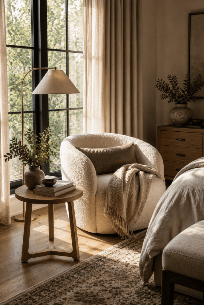 Comfortable reading corner with an accent chair and floor lamp inside a master bedroom.