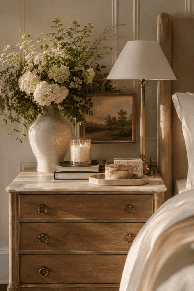 Elegant bedroom accessories styled on a nightstand with candles, books, and ceramic decor.
