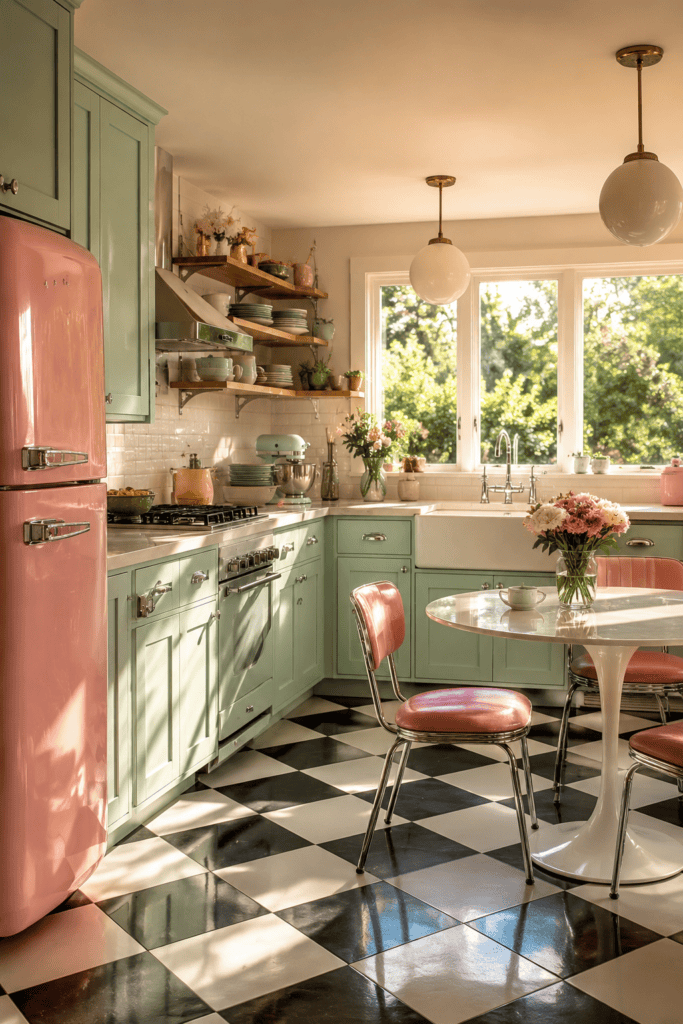 Beautiful retro-style kitchen featuring pastel cabinets, vintage appliances, and checkerboard flooring.