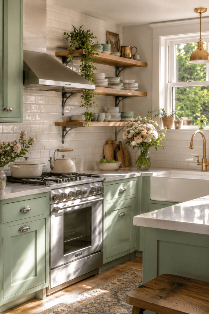 Pastel mint green kitchen cabinets creating a timeless retro kitchen design.