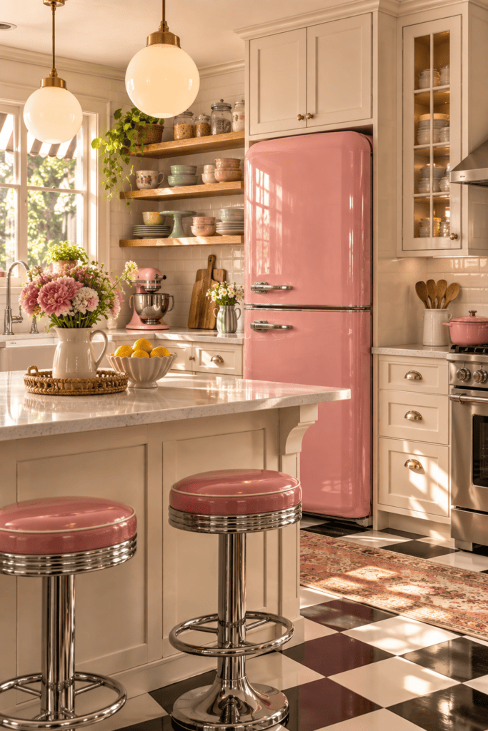 Vintage-inspired pastel refrigerator serving as the centerpiece of a retro kitchen.