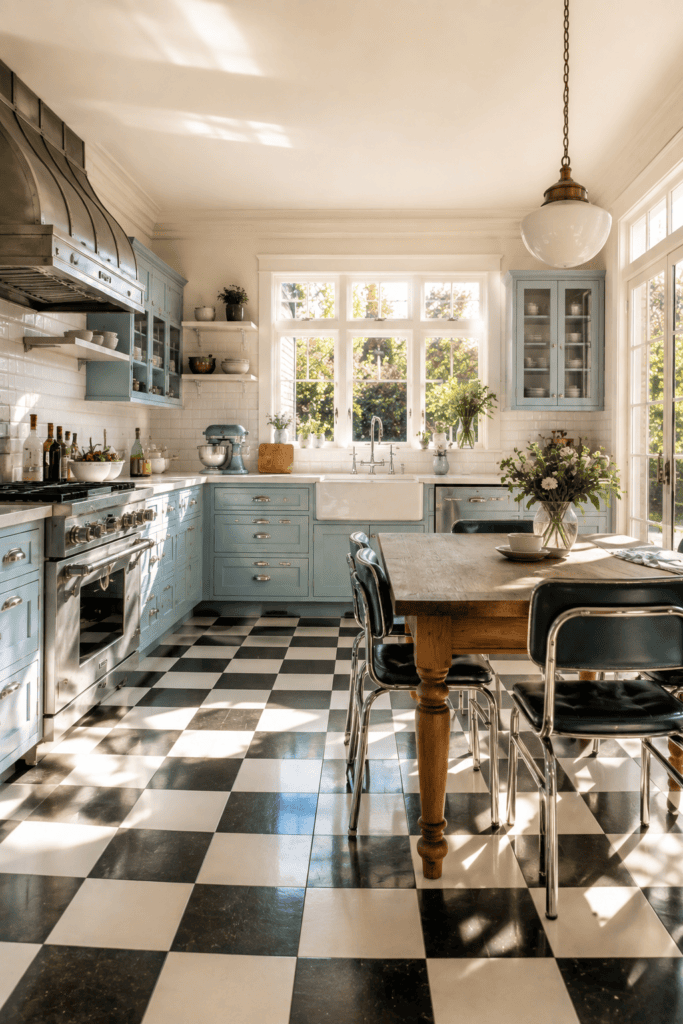Retro kitchen featuring classic black and white checkerboard flooring.