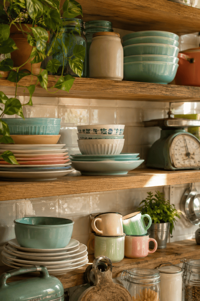 Open kitchen shelves styled with colorful vintage dishware and retro accessories.