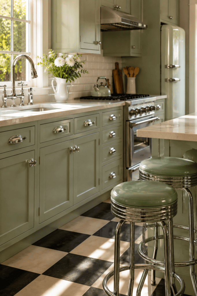 Chrome hardware and metallic accents adding authentic retro charm to a vintage kitchen.