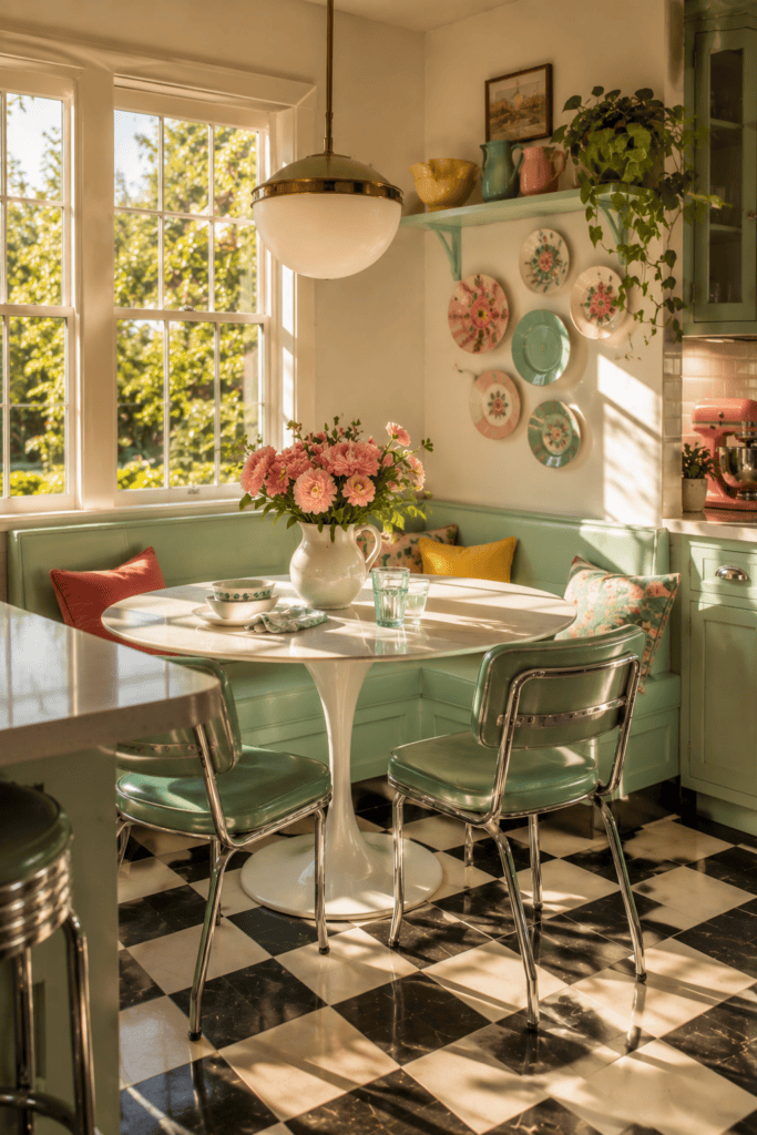 Cozy retro breakfast nook with pastel seating and a round dining table.
