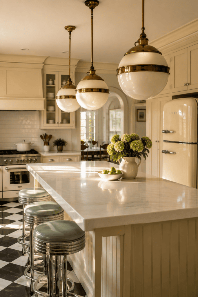 Vintage globe pendant lights illuminating a stylish retro kitchen.