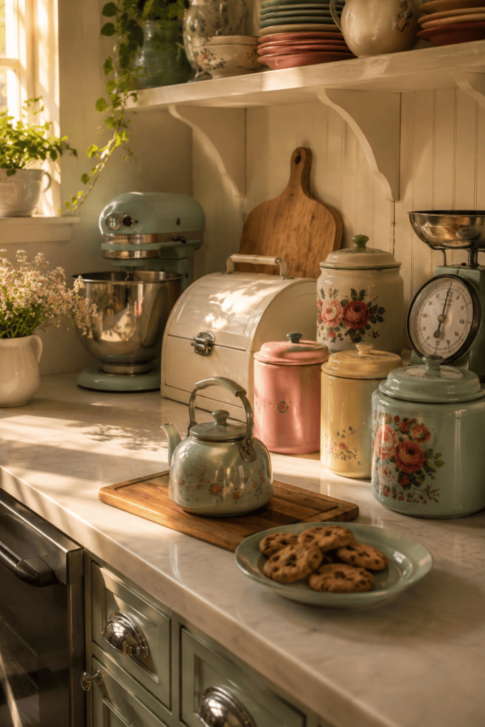 Retro kitchen countertop decorated with vintage appliances and colorful accessories.