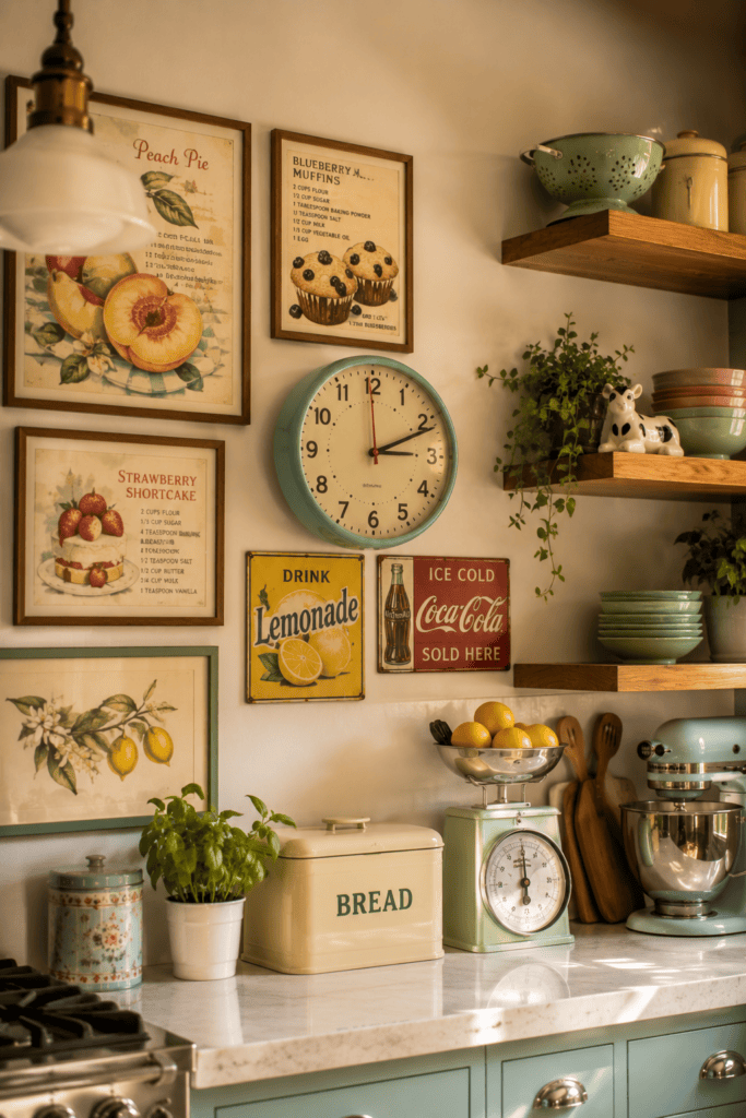 Vintage-inspired wall art and decorative accents completing a retro-style kitchen.