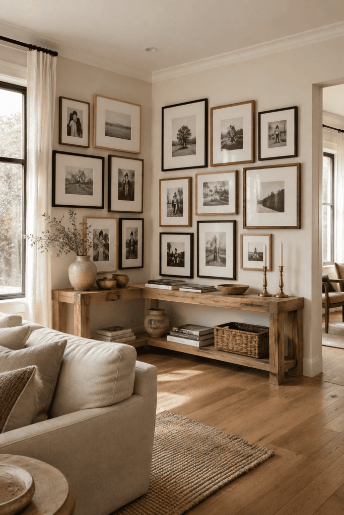 Luxury corner photo gallery wall decorating a bright American living room with elegant frames and neutral home decor.