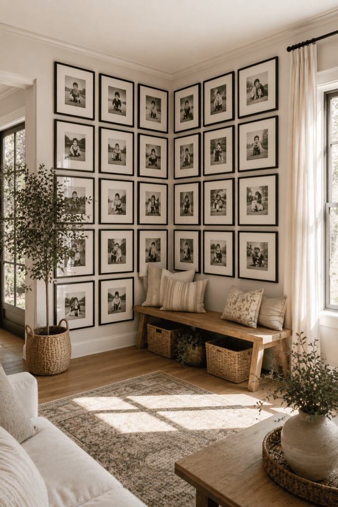 Floor-to-ceiling corner gallery wall with matching family photo frames in a cozy living room.