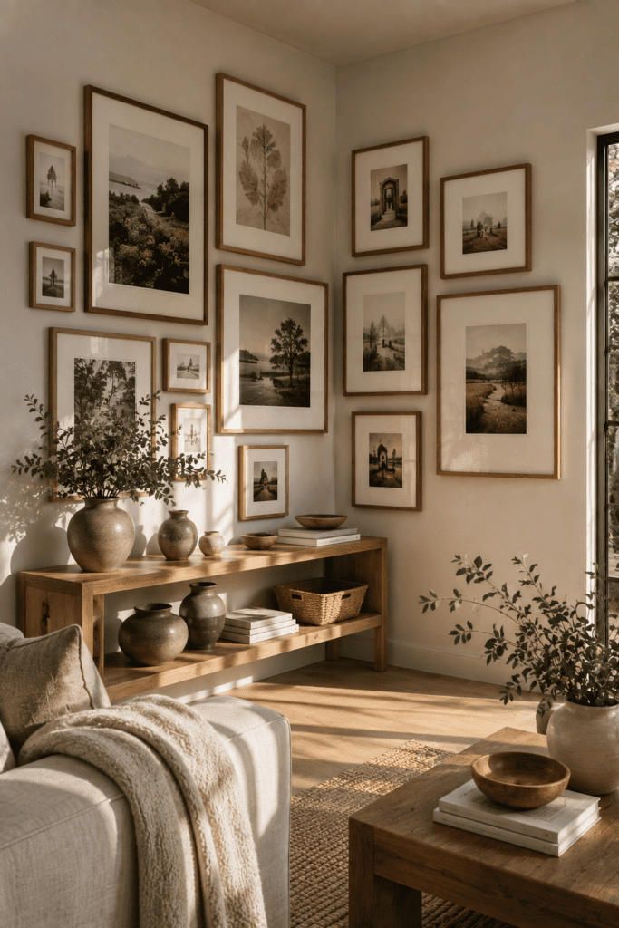 Corner photo gallery wall with mixed frame sizes creating a stylish collected look.