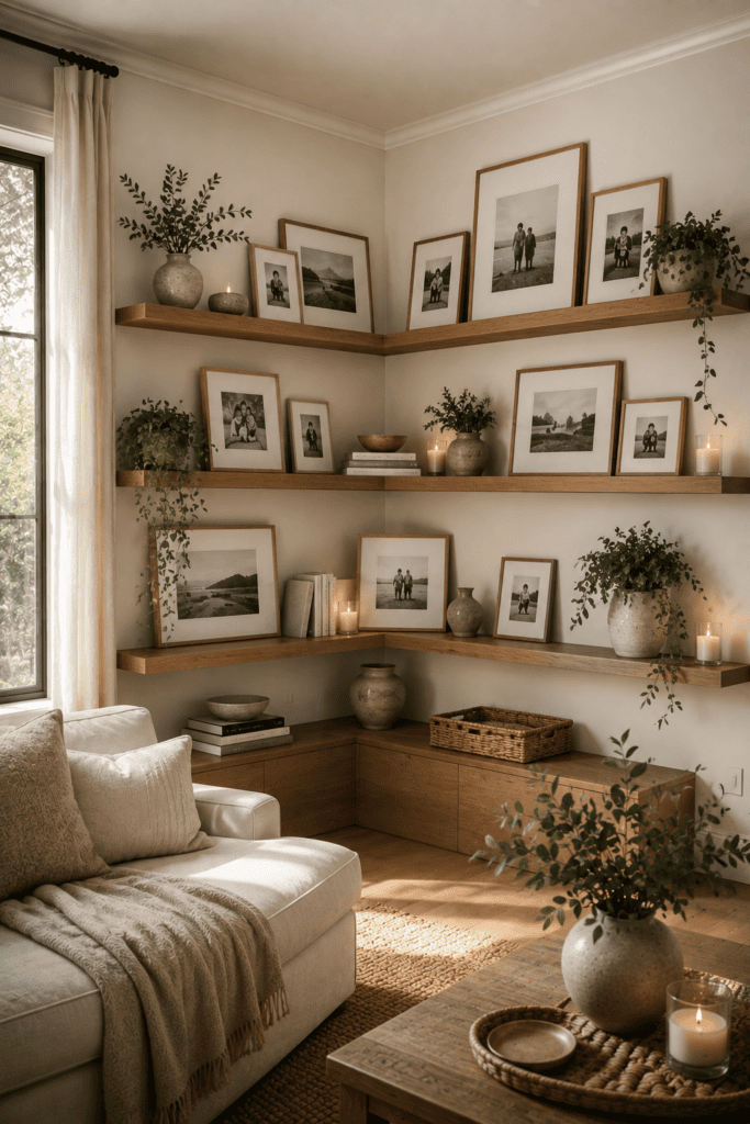Corner gallery wall with floating shelves displaying framed photos and decorative accessories.